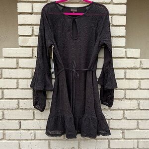 NWT Shyanne Country Wear LS Eyelet Lace Belted Midi Dress in Black - Size Large
